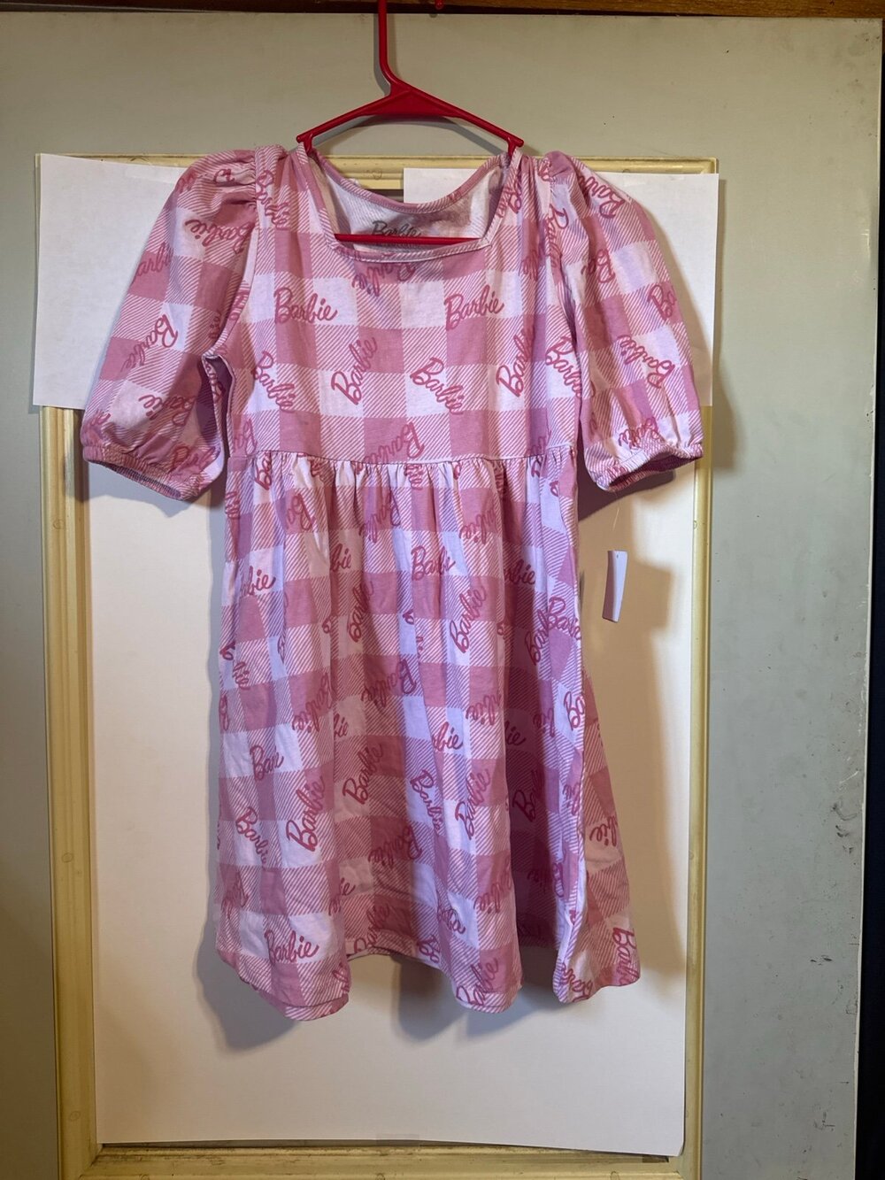 Girls Barbie Pink Plaid Puff Sleeve Dress XL